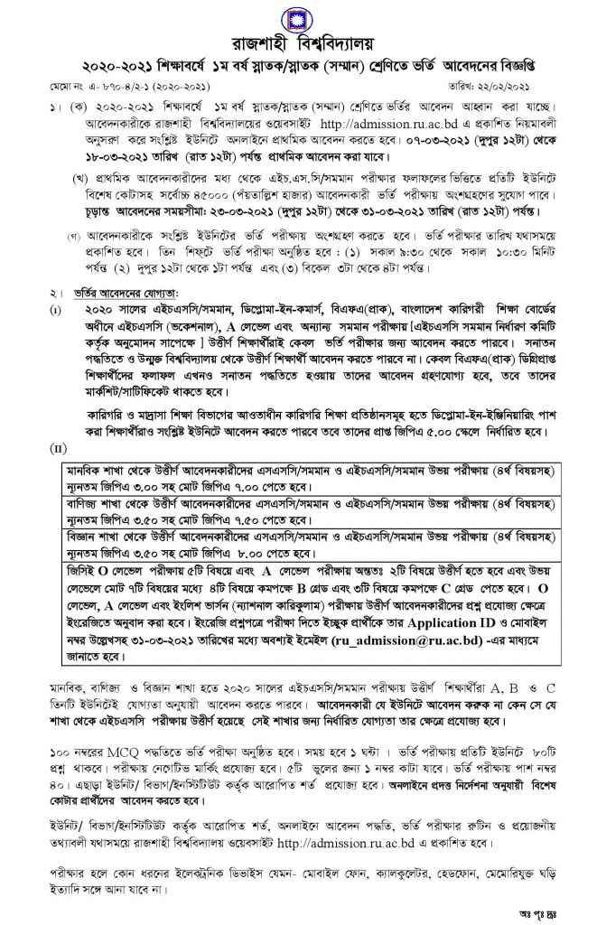Rajshahi University Admission Circular 2021-22 2