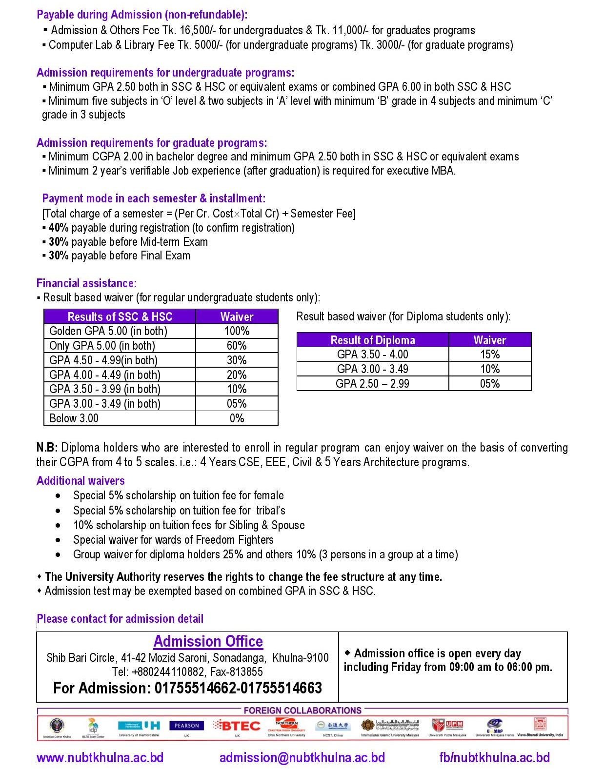 Northern University of Business and Technology Khulna Tuition Fee 2022